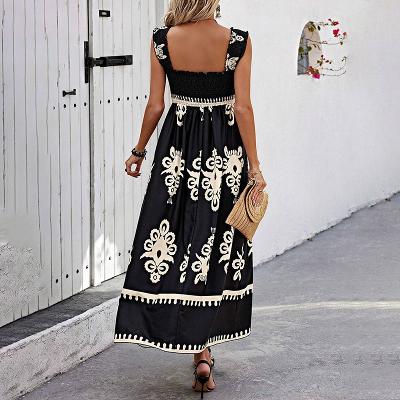 Women's Wide Strap Printed Maxi Dress With Bust Pleats, A-Line Vacation Dress