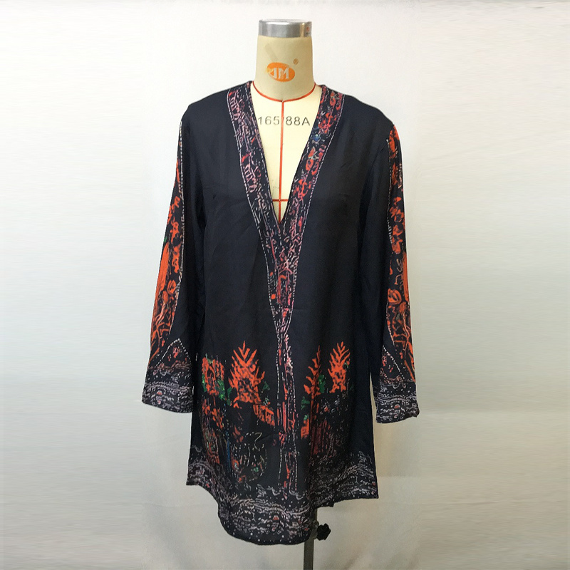 Women's Long Sleeved V-Neck Short Dress, Western Retro Floral Print Smock Dress For Spring & Summer