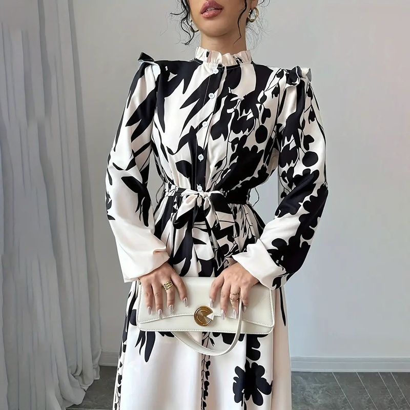 Women's Floral Print Long Sleeve Maxi Dress - Stand Collar A-Line Dress With Waist Detail, Lantern Sleeves & Ruffle Hem For Spring&Fall