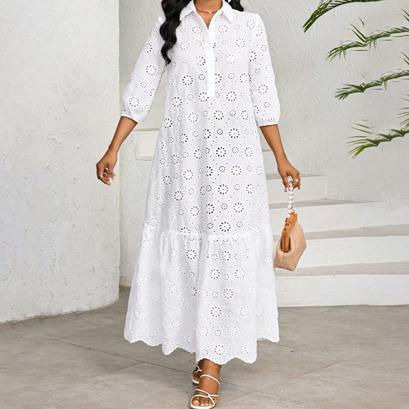 Women's Hollow Out Long Sleeve Maxi Dress - V-Neck Eyelet Casual Dress For Spring & Fall