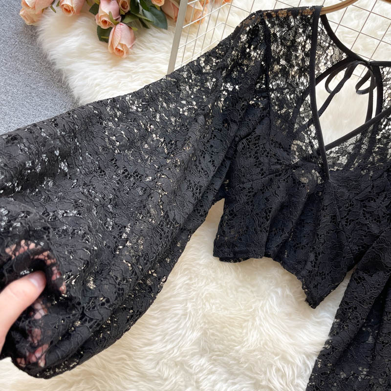 Solid Color Elegant V-Net Lantern Sleeve Lace Top - Sheer Back Tie Detail Women's Fashion Blouse