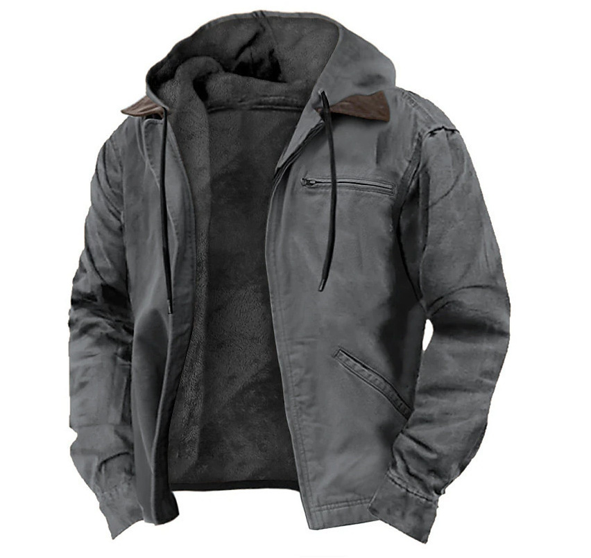 Winter Hooded Coat With Pockets Fashion Warm Fleece Zip-up Jacket Casual Outwear Men's Clothing