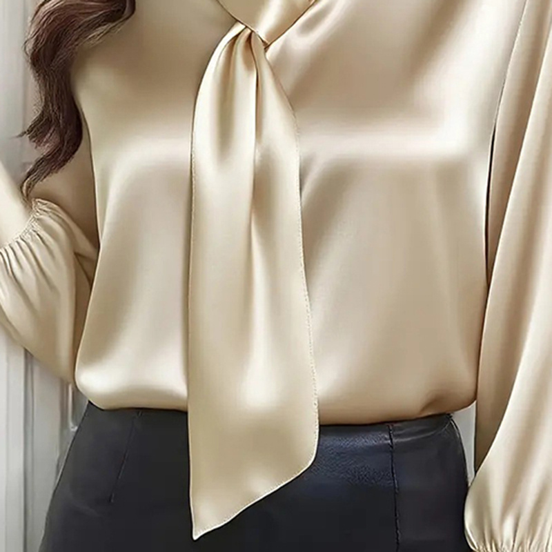 Women's Ribbon Detail Blouse, Lightweight Business Casual Shirt, Elegant Long Sleeve Office Work Top