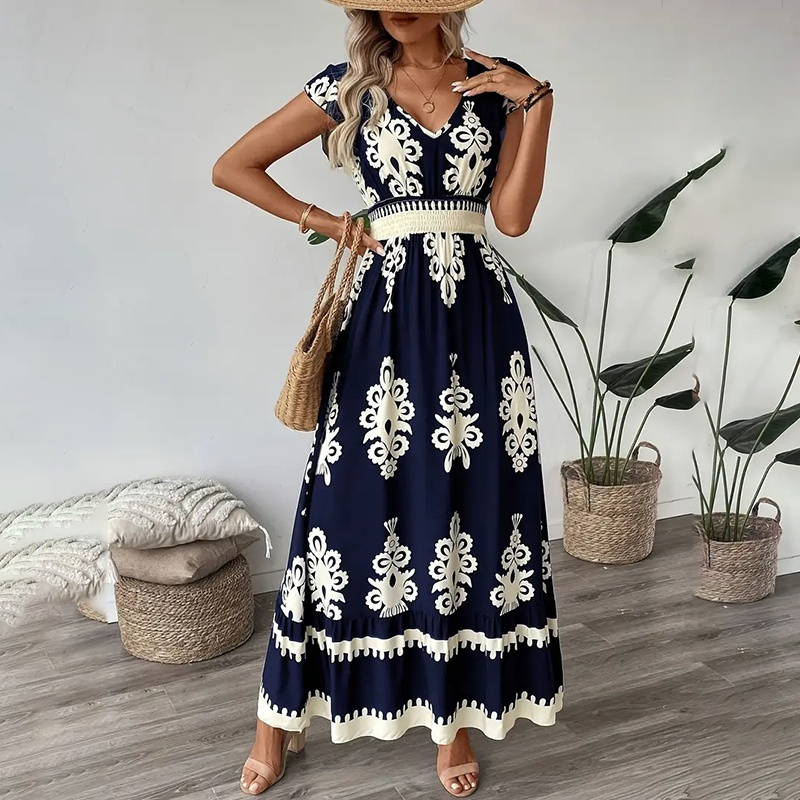 Women's Summer Flowy Maxi Dress Casual Cap Sleeve V Neck Smocked Waist Beach Sundress