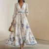 Women's Floral Print V-Neck Long Sleeve Maxi Dress A-Line Flowy Ruffled For Spring&Summer Vacation & Evening Party
