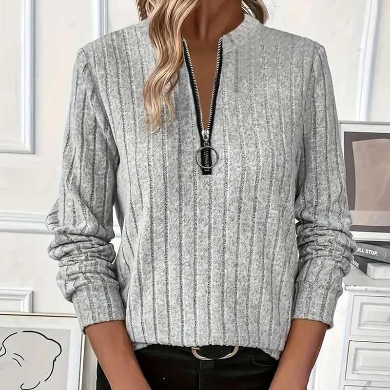 Women's Elegant Half-Zip Knit Sweater Round Neck Long Sleeve Pullover For Solid Color Casual Wear
