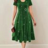 Asymmetrical Hem Short Sleeve V-neck Cross Elegant Solid Color Rhinestone Dress Green