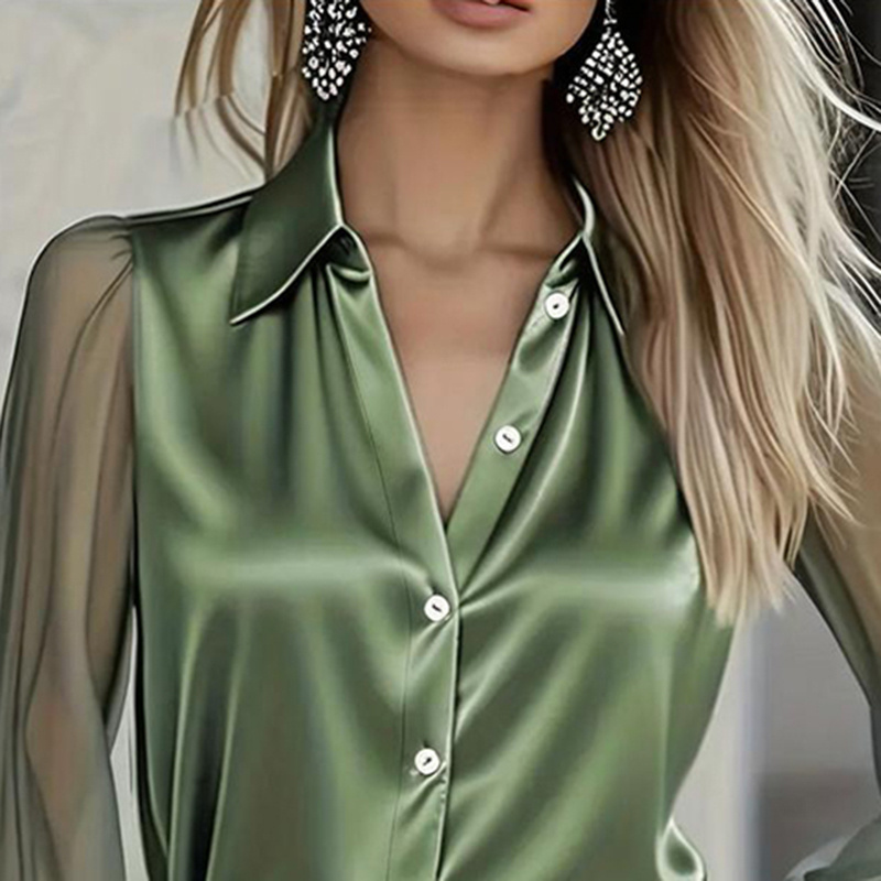 Women's Elegant Satin Blouse With Mesh Sleeves, Solid Color Chic Button-Up Shirt