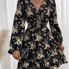 Spring And Summer V-neck Printed Floral Long-sleeve Dress With A Cinched Waist, Elegant Women's Wear.