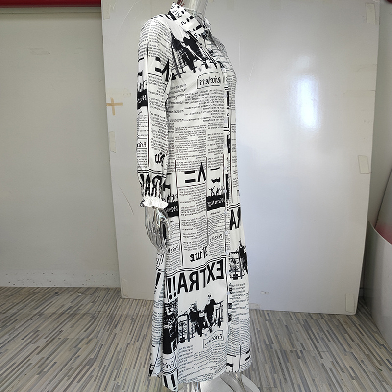 Women's Long Sleeve Newspaper Print Shirt Dress Button Down Casual Long Dress