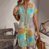 Women's Summer Geometric Print V-Neck Button Down Sundress Short Sleeve Casual Dress