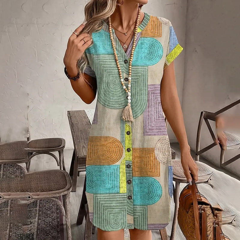 Women's Summer Geometric Print V-Neck Button Down Sundress Short Sleeve Casual Dress