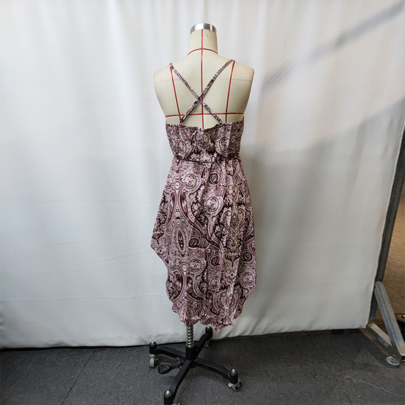 Women's Deep V-Neck Slip Dress Floral Print Asymmetrical Hem Midi Dress For Summer Vacation