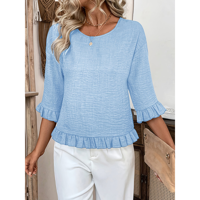Womens 3 4 Length Sleeve Tops Loose Fit Casual Crew Neck Shirts Ruffle Tunic Blouses