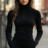Women's Solid Color Ribbed Turtleneck Top, Half-Zip Long Sleeve Knit Shirt For Autumn