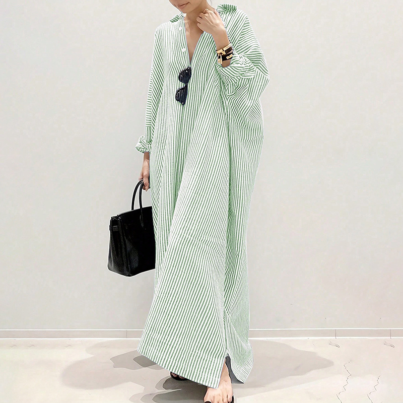 Womens Striped Long Sleeve Dress Casual Loose Button Down Maxi Shirt Dress