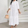 Women's Hollow Out Long Sleeve Maxi Dress - V-Neck Eyelet Casual Dress For Spring & Fall
