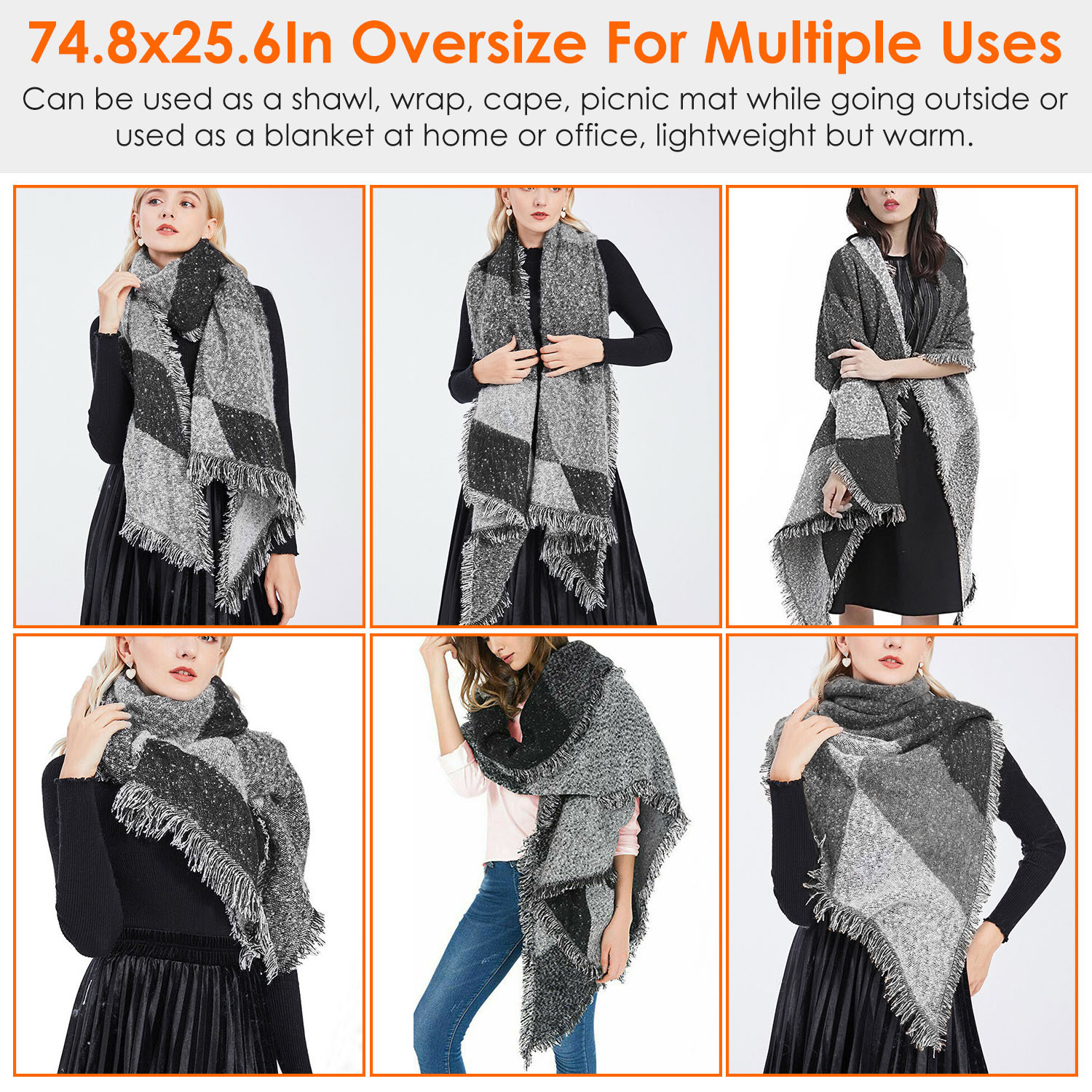 1Pc Women Winter Warm Scarf 74.8x25.6In Long Soft Knitted Shawl Extra Thick Plaid Blanket Wrap Cape