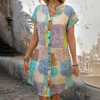 Women's Summer Geometric Print V-Neck Button Down Sundress Short Sleeve Casual Dress