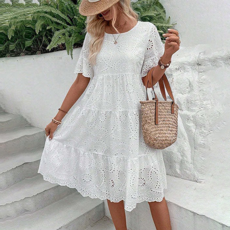 Women's Round Neck Embroidered Lace Short Sleeve A-Line Elegant Summer Vacation Dress