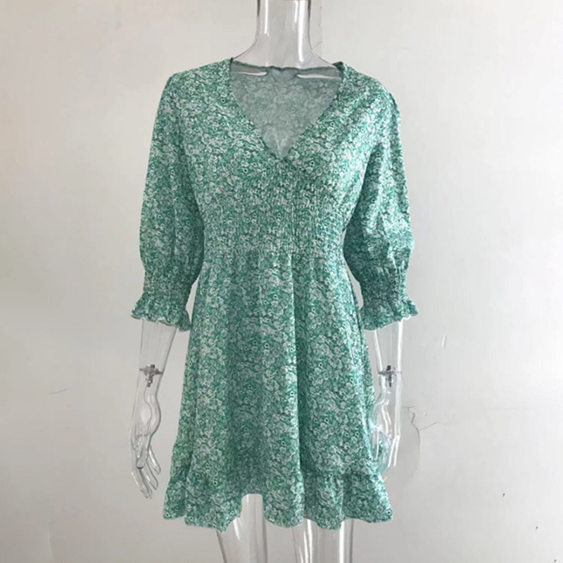 Womens Boho Floral Deep V Neck Smocked Elastic Waist Casual A-Line Swing Mini Dress Sundress