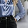 Women's Elegant Satin Blouse With Mesh Sleeves, Solid Color Chic Button-Up Shirt