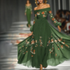 Women's Green Off-Shoulder Floral Print Dress With Puff Sleeves - Flowy A-Line Maxi Evening Dress