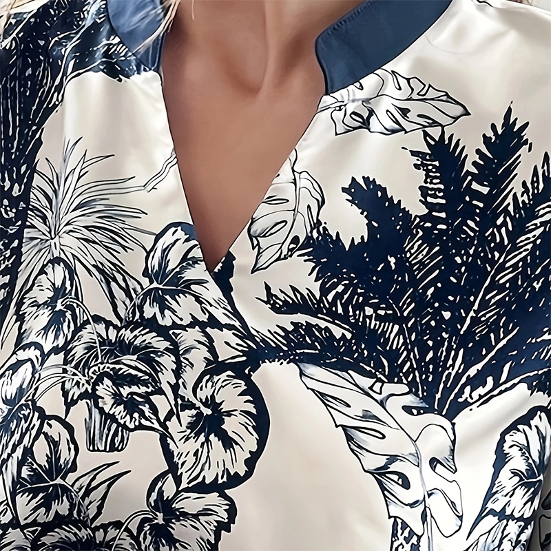 Women's Plus Size Elegant Floral Ink Painting Casual Tunic Dress Notched V Neck Long Sleeve Maxi Dress