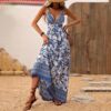 Women's V-Neck Strappy Floral Print Backless Maxi Dress, A-Line Summer Vacation Dress