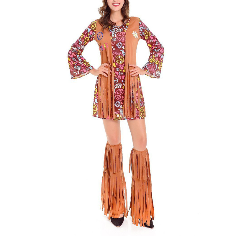 Women's Tassel 3-Piece Hippie Costume Set - Printed Long Sleeve Short Dress With Headscarf & Leg Warmers