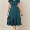 Asymmetrical Hem Short Sleeve V-neck Cross Elegant Solid Color Rhinestone Dress Navy