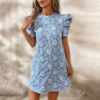 Women's Summer Mini Dress Short Sleeve Floral Jacquard Puff Sleeve Crew Neck Dress