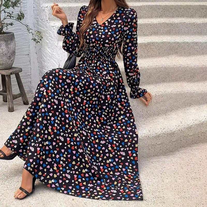 Women's V-Neck Floral Print Long Sleeve Maxi Dress - A-Line Hem With Lace Cuff Details, Elegant Bodycon Dress For Spring&Summer