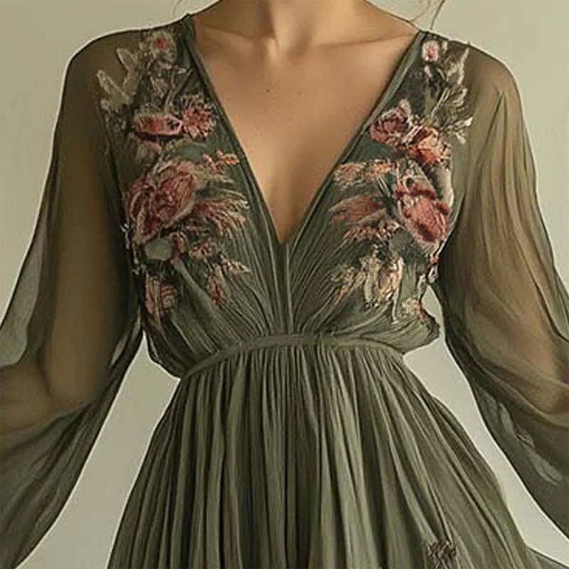 Women's Elegant V-Neck Green Floral Print A-Line Maxi Semi-Sheer Long Sleeve Spring&Summer Dress