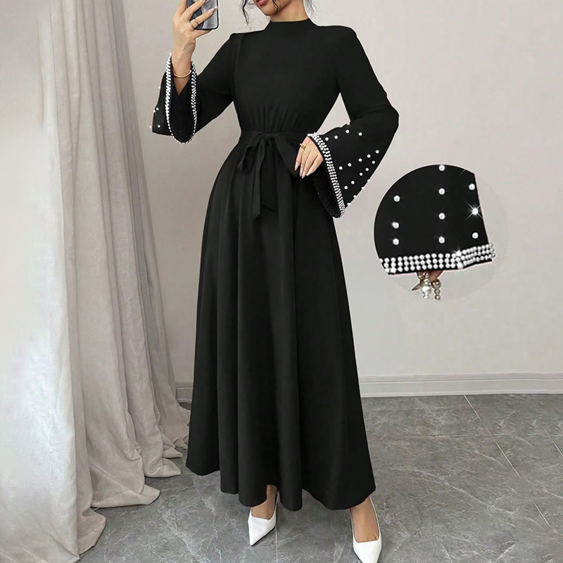 Women's Elegant Long Sleeve Maxi Dress - Sparkling Embellished High Neck Formal Gown With Waist Belt, Flowy Evening Dress For Vacation & Special Occasions