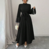 Women's Elegant Long Sleeve Maxi Dress - Sparkling Embellished High Neck Formal Gown With Waist Belt, Flowy Evening Dress For Vacation & Special Occasions
