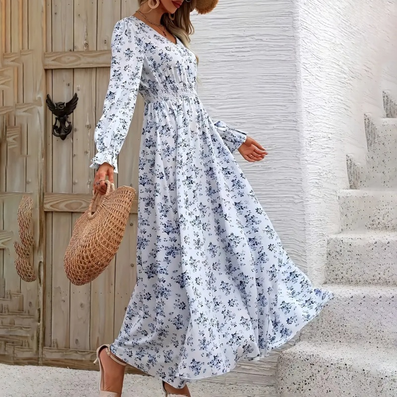Women's V-Neck Floral Print Long Sleeve Maxi Dress - A-Line Hem With Lace Cuff Details, Elegant Bodycon Dress For Spring&Summer
