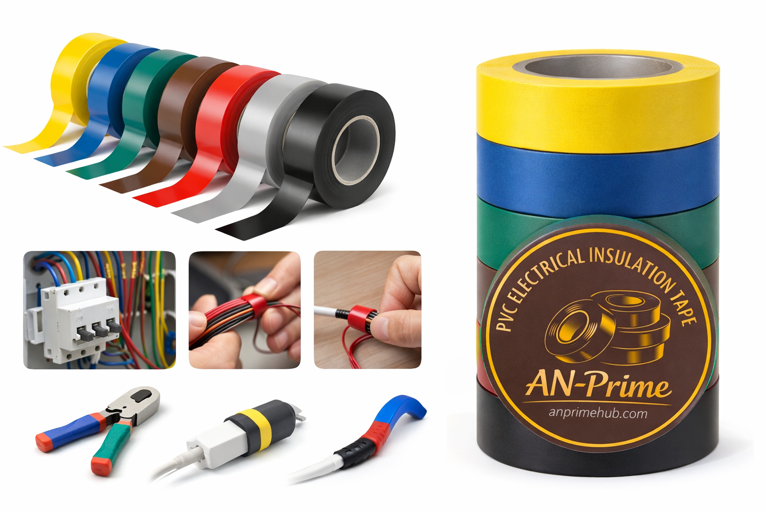 AN-Prime PVC Electrical Insulation Tape Set – 6 Color Multi-Pack (Yellow, Blue, Green, Red, Gray, Black) | Heavy-Duty, Color Coding & DIY Use