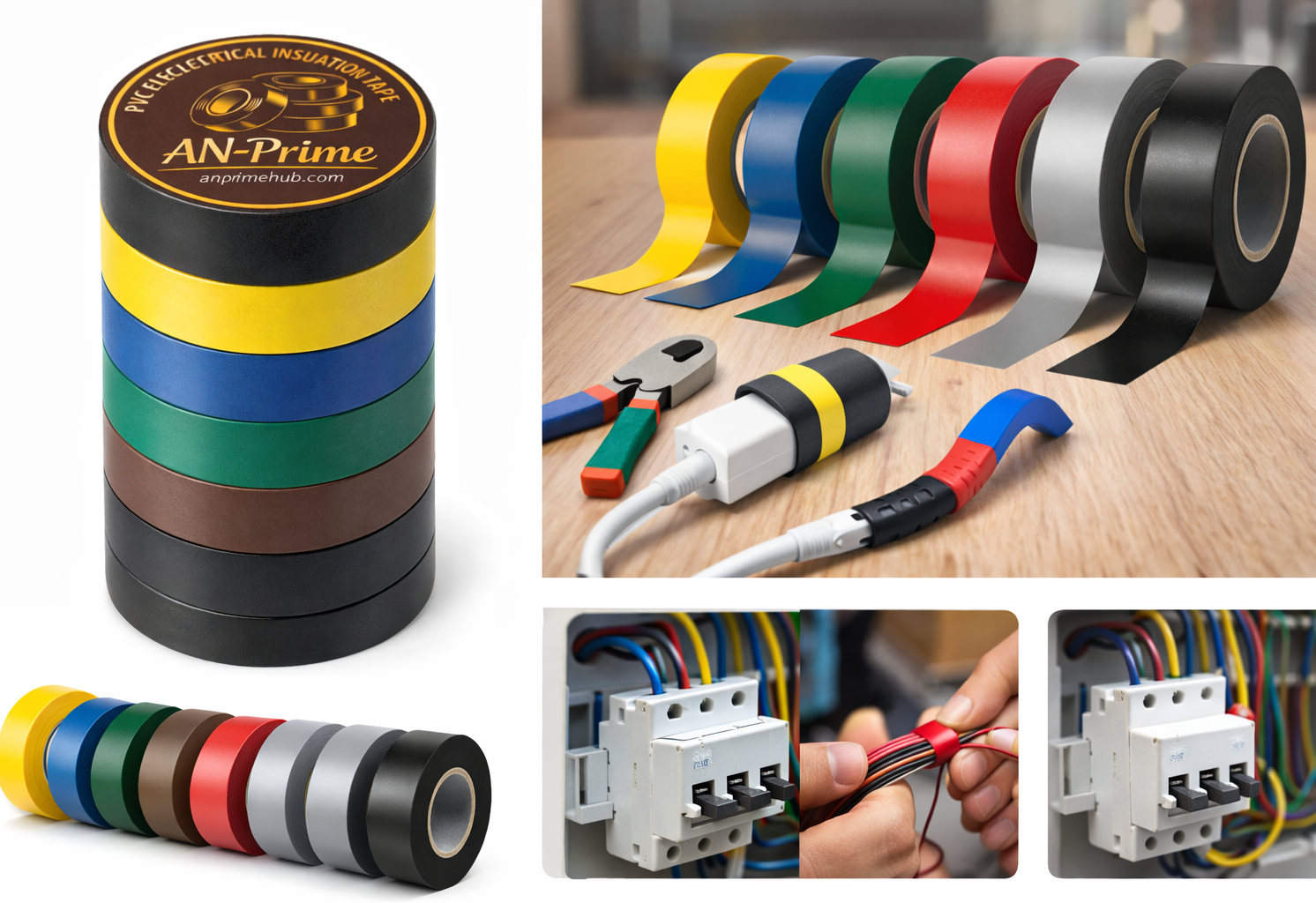 AN-Prime PVC Electrical Insulation Tape Set – 6 Color Multi-Pack (Yellow, Blue, Green, Red, Gray, Black) | Heavy-Duty, Color Coding & DIY Use