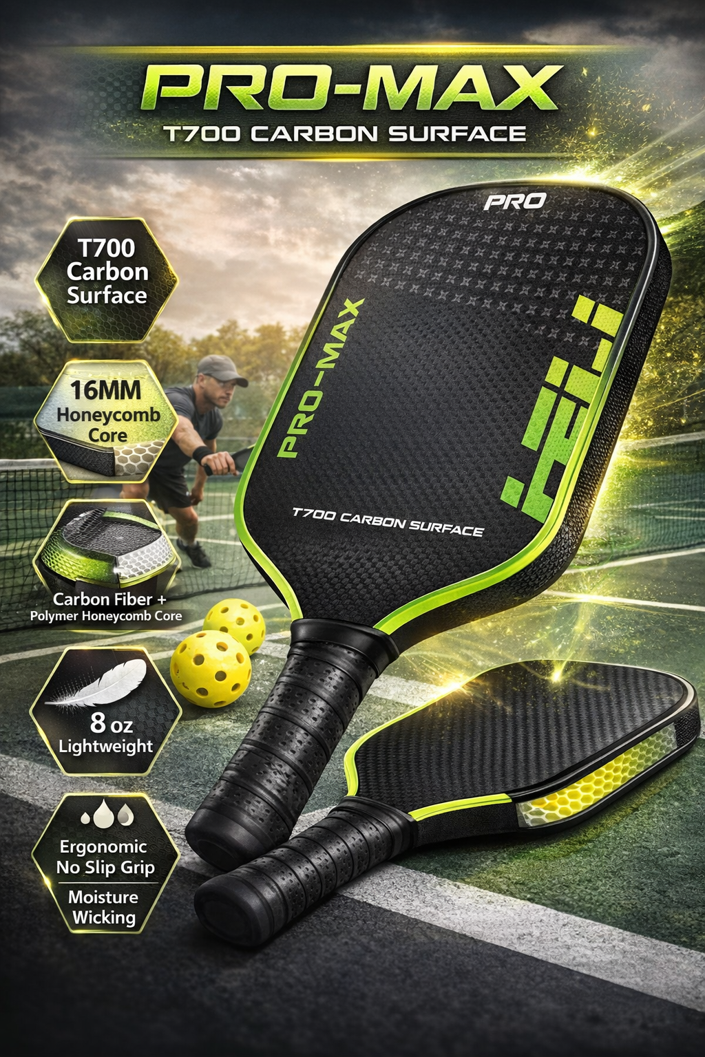 PRO-MAX T700 Carbon Fiber Pickleball Paddle – 16MM Honeycomb Core, Lightweight, Large Sweet Spot, Ergonomic Non-Slip Grip, USAPA Style Performance Paddle