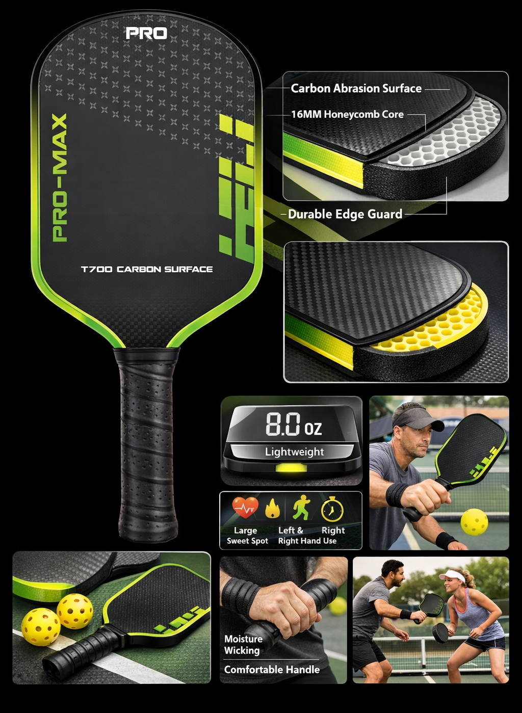 PRO-MAX T700 Carbon Fiber Pickleball Paddle – 16MM Honeycomb Core, Lightweight, Large Sweet Spot, Ergonomic Non-Slip Grip, USAPA Style Performance Paddle