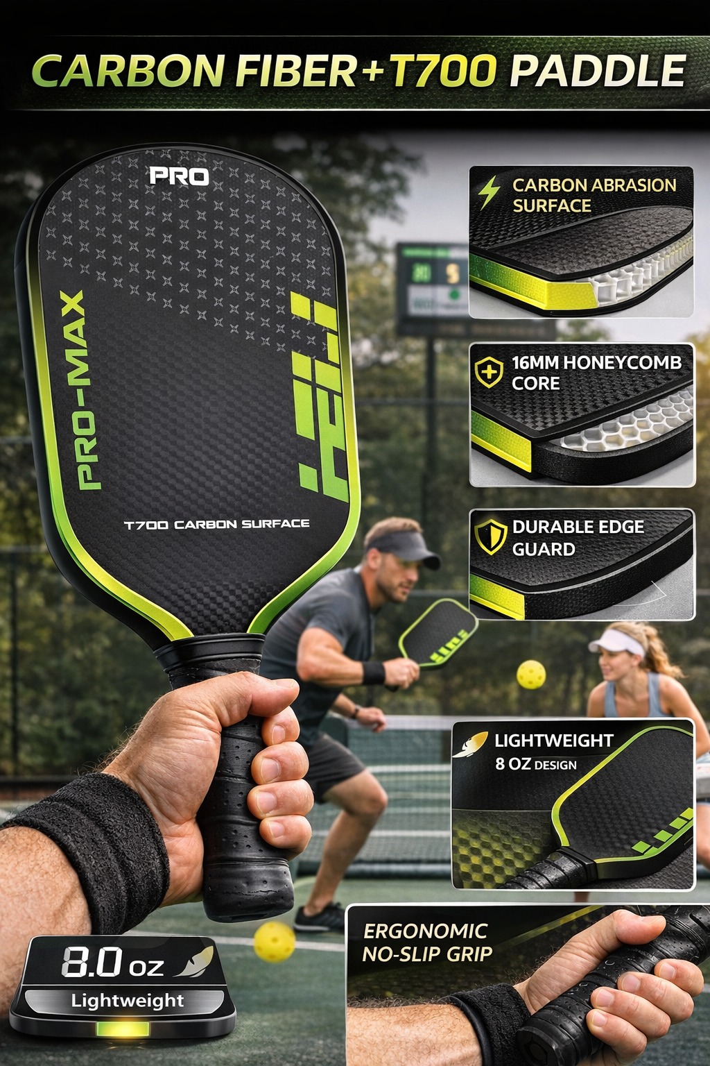 PRO-MAX T700 Carbon Fiber Pickleball Paddle – 16MM Honeycomb Core, Lightweight, Large Sweet Spot, Ergonomic Non-Slip Grip, USAPA Style Performance Paddle