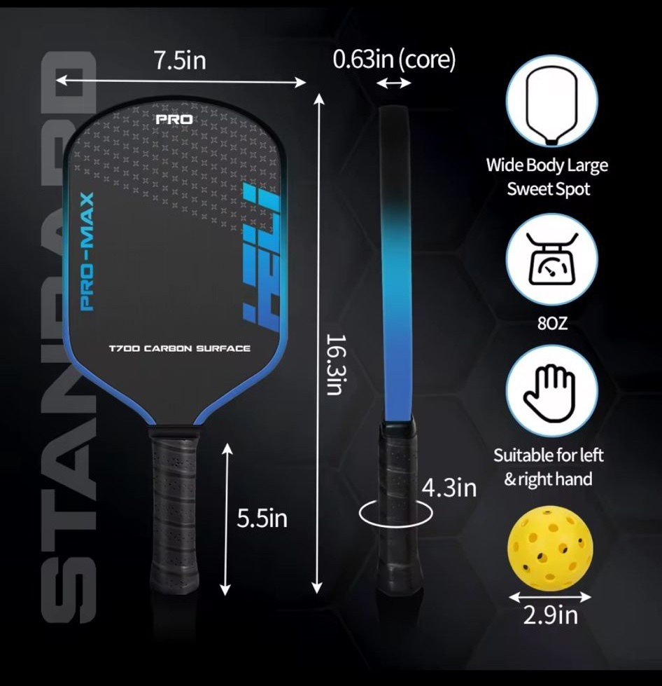 PRO-MAX T700 Carbon Fiber Pickleball Paddle – 16MM Honeycomb Core, Lightweight, Large Sweet Spot, Ergonomic Non-Slip Grip, USAPA Style Performance Paddle