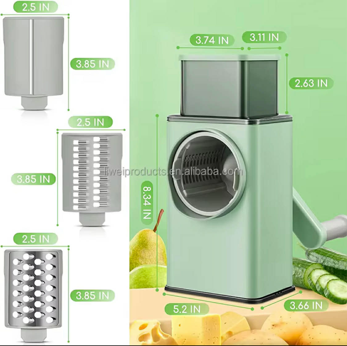 3-in-1 Rotary Cheese Grater & Vegetable Slicer – Manual Stainless Steel Drum Cutter with Strong Suction Base, Fast Shredding & Slicing Tool
