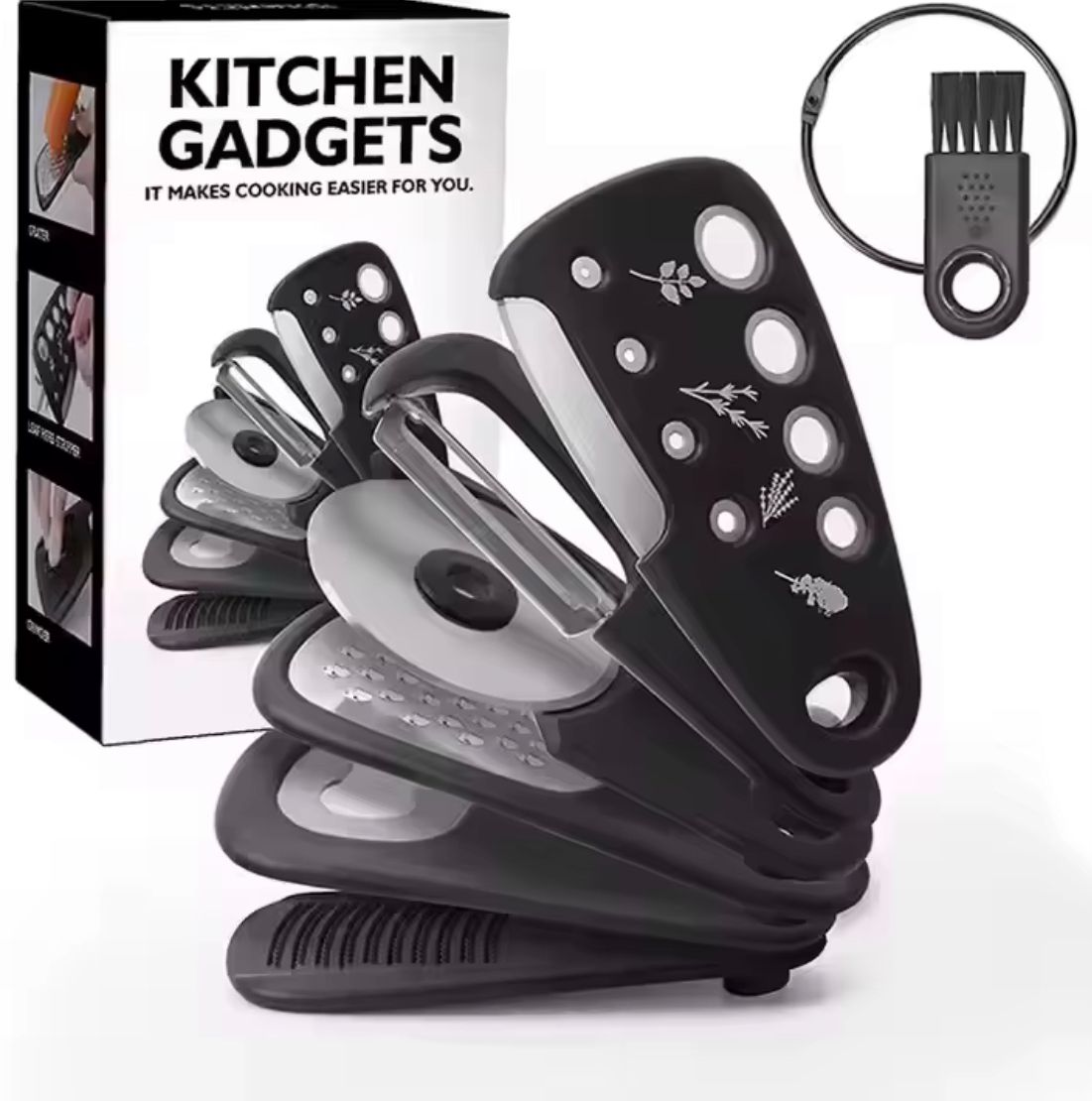 6-in-1 Smart Kitchen Gadget Set – Slicer, Shredder, Cheese Grater, Peeler, Pizza Cutter, Herb Stripper & Bottle Opener with Stainless Steel Blades