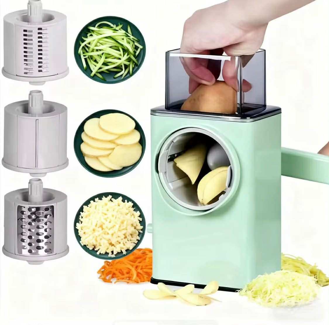 3-in-1 Rotary Cheese Grater & Vegetable Slicer – Manual Stainless Steel Drum Cutter with Strong Suction Base, Fast Shredding & Slicing Tool