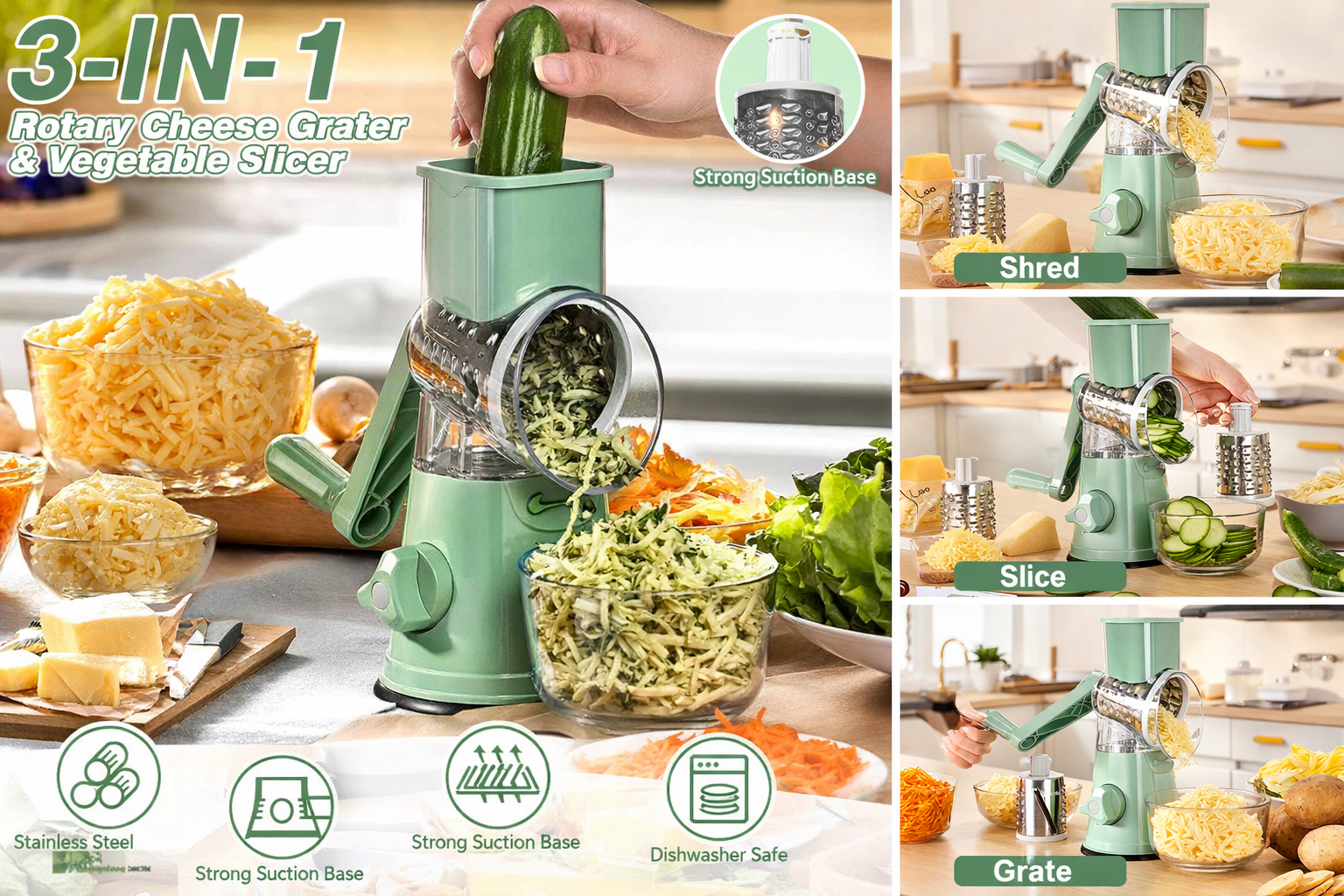 3-in-1 Rotary Cheese Grater & Vegetable Slicer – Manual Stainless Steel Drum Cutter with Strong Suction Base, Fast Shredding & Slicing Tool