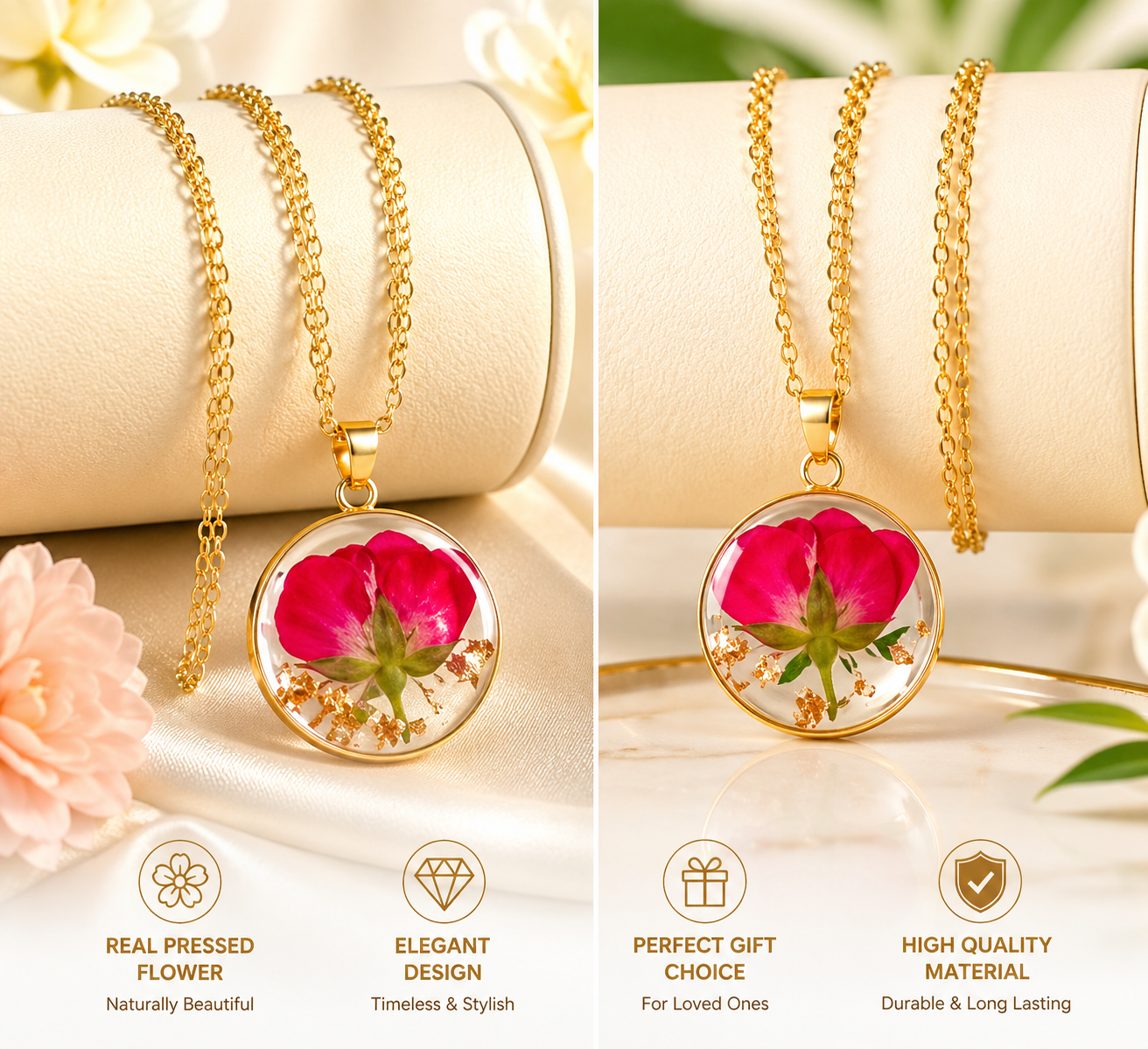 Gold-Plated Stainless Steel Dried Flower Pendant Necklace – Real Pressed Flower Jewelry for Women (Birth Flower Design)