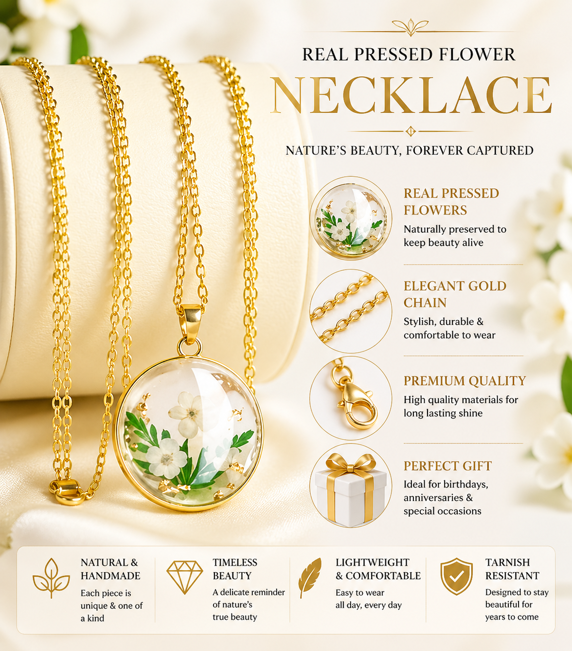 Gold-Plated Stainless Steel Dried Flower Pendant Necklace – Real Pressed Flower Jewelry for Women (Birth Flower Design)
