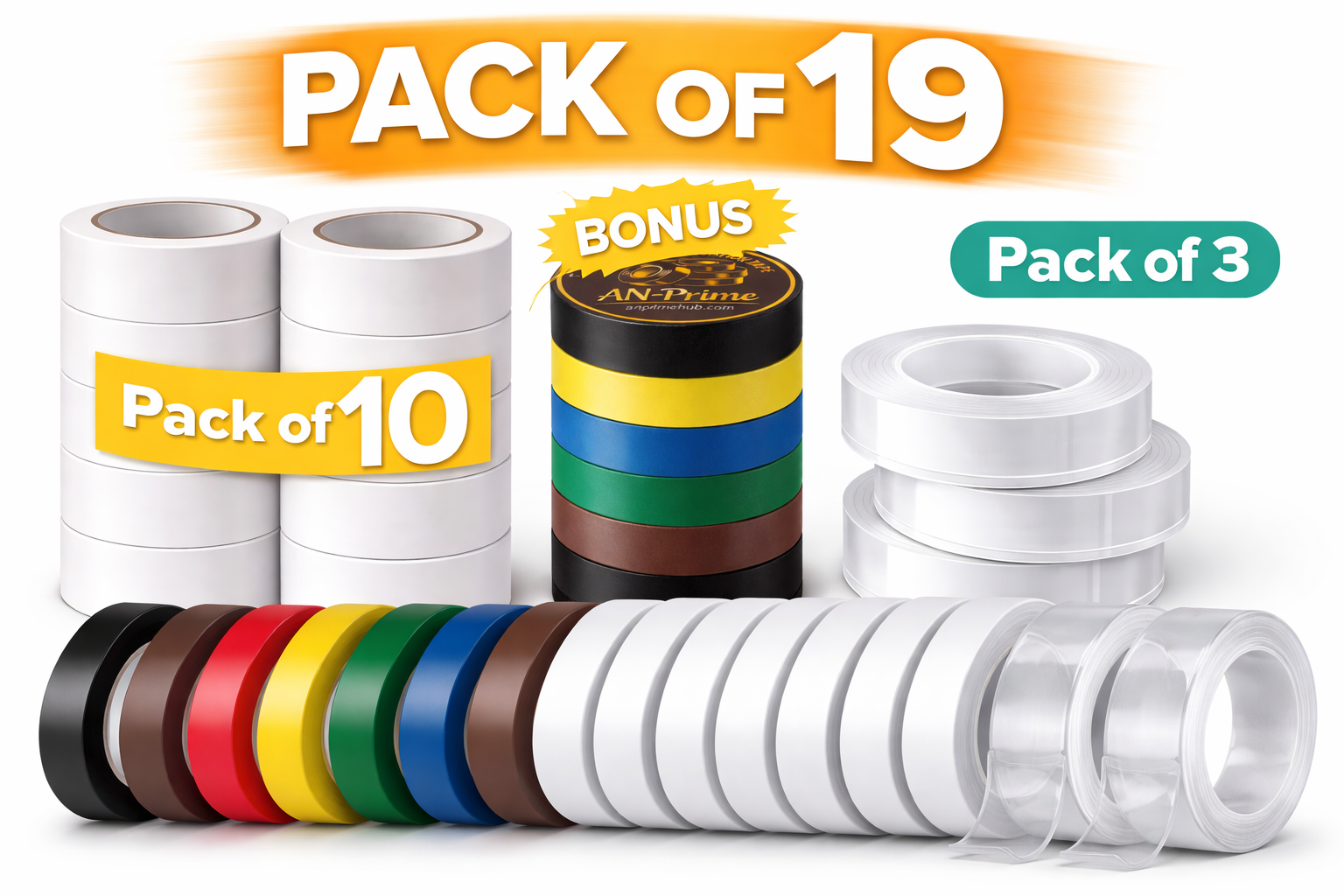 Pack of 19 Tapes – 10 White Electrical, 6 Multi-Color Electrical & 3 Double-Sided Nano Tapes – Strong Adhesive Set for DIY & Repairs